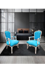 Fauteuil baroque de style Louis XV velours turquoise et bois blanc