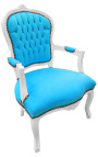 Fauteuil baroque de style Louis XV velours turquoise et bois blanc