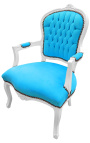 Fauteuil baroque de style Louis XV velours turquoise et bois blanc