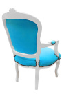 Baroque armchair of Louis XV style turquoise velvet fabric and white wood