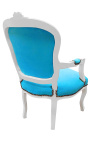 Fauteuil baroque de style Louis XV velours turquoise et bois blanc