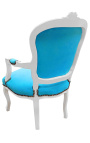 Fauteuil baroque de style Louis XV velours turquoise et bois blanc