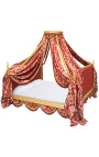 Barock canopy säng med guld trä och rött "Gobelins" satine tyg