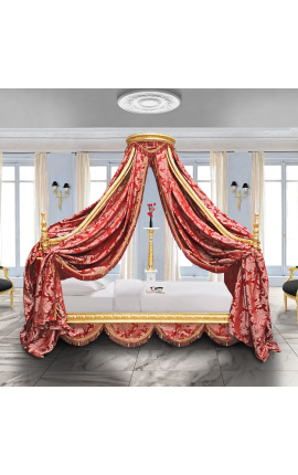 Cama de canopy barroca con madera de oro y tela roja Gobelins satine