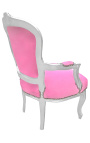 Baroque armchair of Louis XV style pink (rose) and silvered wood