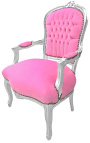 Poltrona barroca estilo Luís XV rosa e madeira prateada