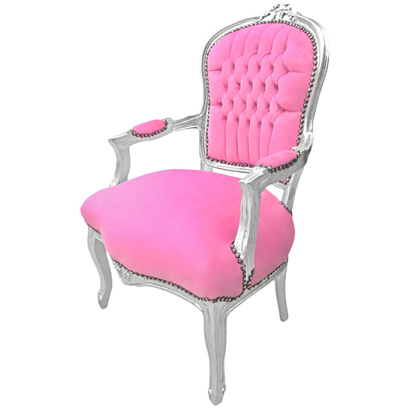 Fauteuil baroque de style Louis XV rose et bois argenté