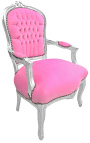 Poltrona barroca estilo Luís XV rosa e madeira prateada