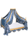Barokové kanopy posteľ so zlatým drevom a bleu "Gobelíny" satínová tkanina
