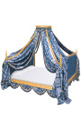Barock canopy säng med guld trä och bleu "Gobelins" satine tyg