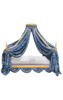 Barokové kanopy posteľ so zlatým drevom a bleu "Gobelíny" satínová tkanina