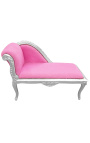 Louis XV Chaiselongue aus rosa Samtstoff und silbernem Holz