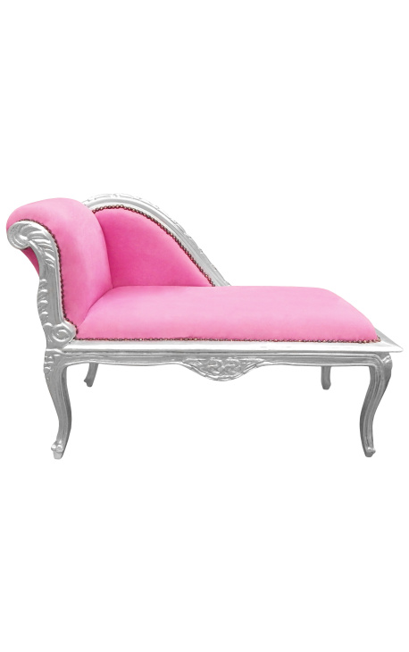 Méridienne de style Louis XV tissu rose et bois argent - 1