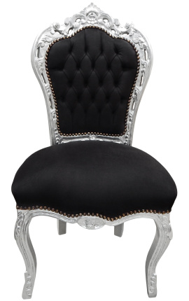 Chaise de style Baroque Rococo tissu velours noir et bois argenté