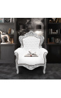 Big baroque style armchair white faux leather and silver wood