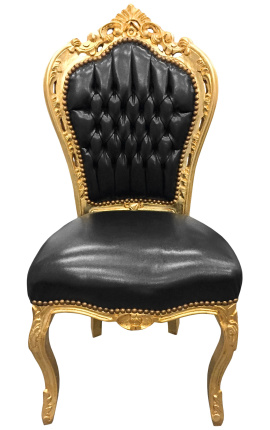 Barok stol i rokoko stil sort kunstlæder og guld træ