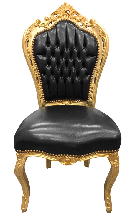 Sedia in stile barocco rococò tessuto in similpelle nera e legno oro