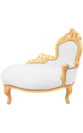 Chaise longue barroca tela imitación cuero blanco y dorado madera
