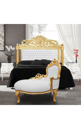 Chaise longue barocca in similpelle bianca e legno oro