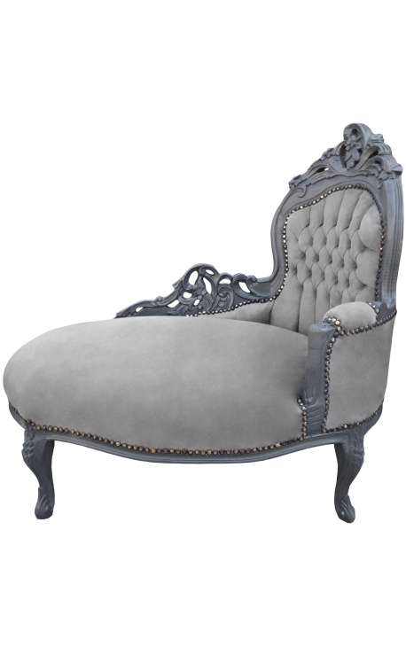 Méridienne baroque tissu velours gris et bois gris