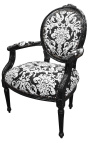 Fauteuil baroque de style Louis XVI tissu motifs floraux blanc et bois noir