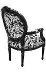 Fauteuil baroque de style Louis XVI tissu motifs floraux blanc et bois noir