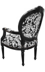 Fauteuil baroque de style Louis XVI tissu motifs floraux blanc et bois noir