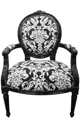 Sillón barroco Estilo Luis XVI con tejido floral blanco, madera negra