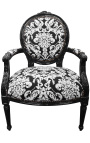 Fauteuil baroque de style Louis XVI tissu motifs floraux blanc et bois noir