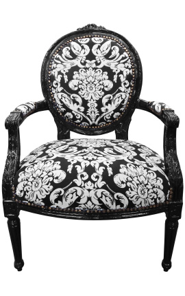 Barokowy fotel w stylu Ludwika XVI z białą tkaniną w kwiaty, czarne drewno