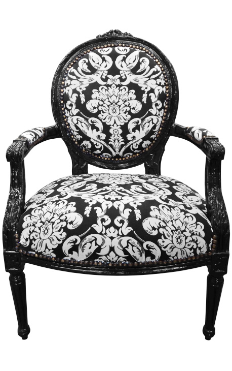 Barokna fotelja u stilu Luja XVI. s bijelom cvjetnom tkaninom, crno drvo