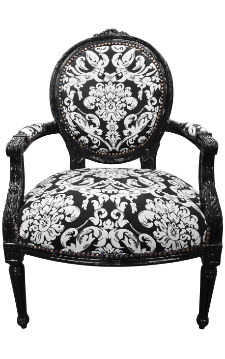 Barokowy fotel Louis XVI Styl z białą tkaniną kwiatową, czarne drewno - 1