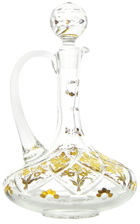 Crystal decanter with handle and floral pattern engraved with gold