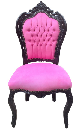 Chaise de style Baroque Rococo tissu velours rose et bois noir