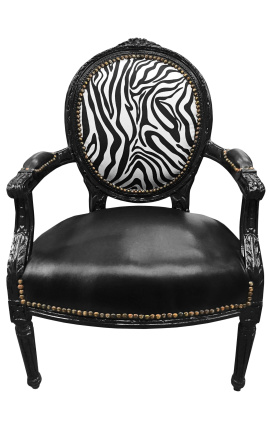 Barokna fotelja Louis XVI crna umjetna koža na sjedalu i zebra tkanina s crnim drvetom