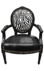 Barok fauteuil Louis XVI zwart kunstleer op zitting en zebra stof met zwart hout