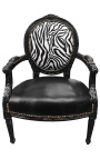 Baroque armchair Louis XVI black leatherette on seat and zebra fabric with black wood