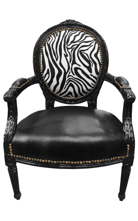 Poltrona barroca Louis XVI Leatherte preto no assento e tecido de zebra com madeira preta - 1