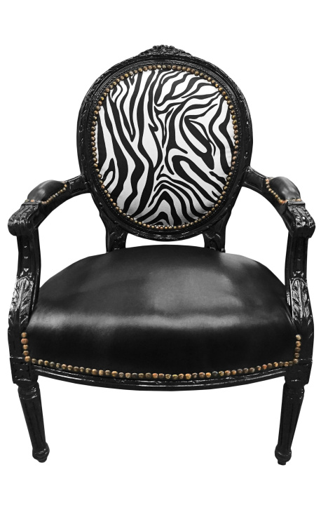 Barockfåtölj Louis XVI Svart läder på sits- och zebra tyg med svart trä - 1