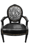 Barocksessel Louis XVI Schwarzes Kunstleder auf Sitz- und Zebra-Stoff mit schwarzem Holz - 1