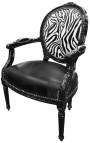 Barock-Sessel Louis XVI aus schwarzem Kunstleder auf Sitzfläche und Zebra-Stoff mit schwarzem Holz
