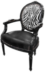 Fauteuil baroque de style Louis XVI simili cuir noir & zèbre et bois noir