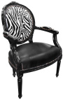 Barok fauteuil Louis XVI zwart kunstleer op zitting en zebra stof met zwart hout