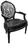 Barokna fotelja Louis XVI crna umjetna koža na sjedalu i zebra tkanina s crnim drvetom