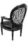 Barok fauteuil Louis XVI zwart kunstleer op zitting en zebra stof met zwart hout