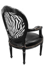 Barok fauteuil Louis XVI zwart kunstleer op zitting en zebra stof met zwart hout