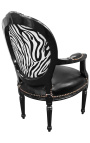 Fauteuil baroque de style Louis XVI simili cuir noir & zèbre et bois noir