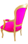 Fauteuil baroque de style Louis XV rose fuchsia et bois doré