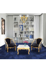 Bergere armchair Louis XV style black velvet and zebra fabric gold wood