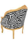 Bergere armchair Louis XV style black velvet and zebra fabric gold wood